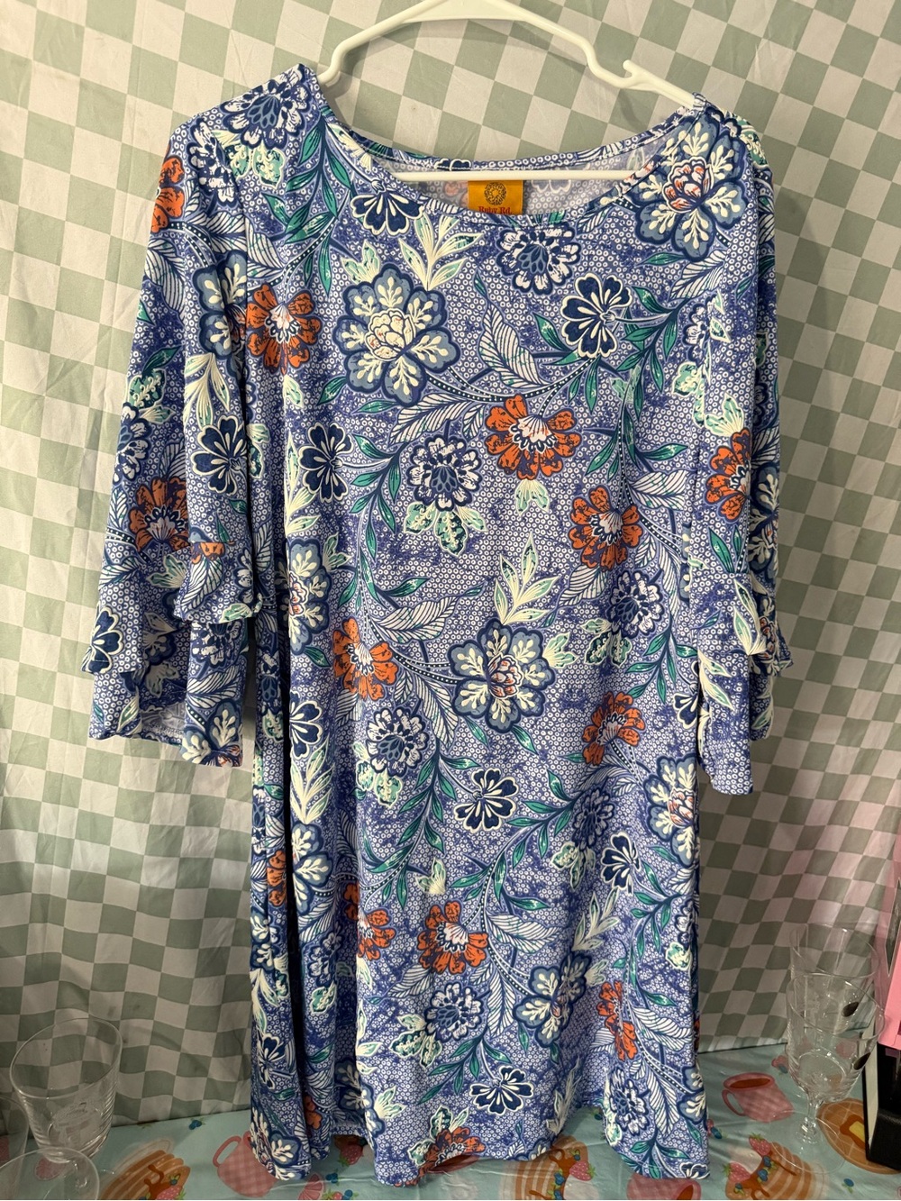 Ruby Rd. Blue Floral Asymmetrical Ruffle Dress